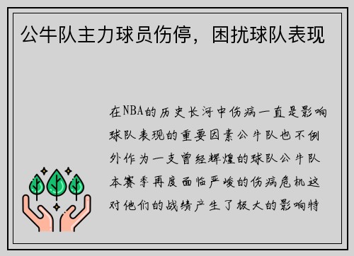 公牛队主力球员伤停，困扰球队表现