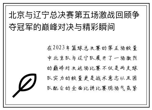 北京与辽宁总决赛第五场激战回顾争夺冠军的巅峰对决与精彩瞬间